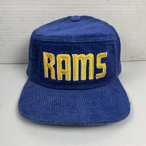 Vintage Los Angeles Rams New Era Corduroy Snapback Hat Blue Logo Made In USA